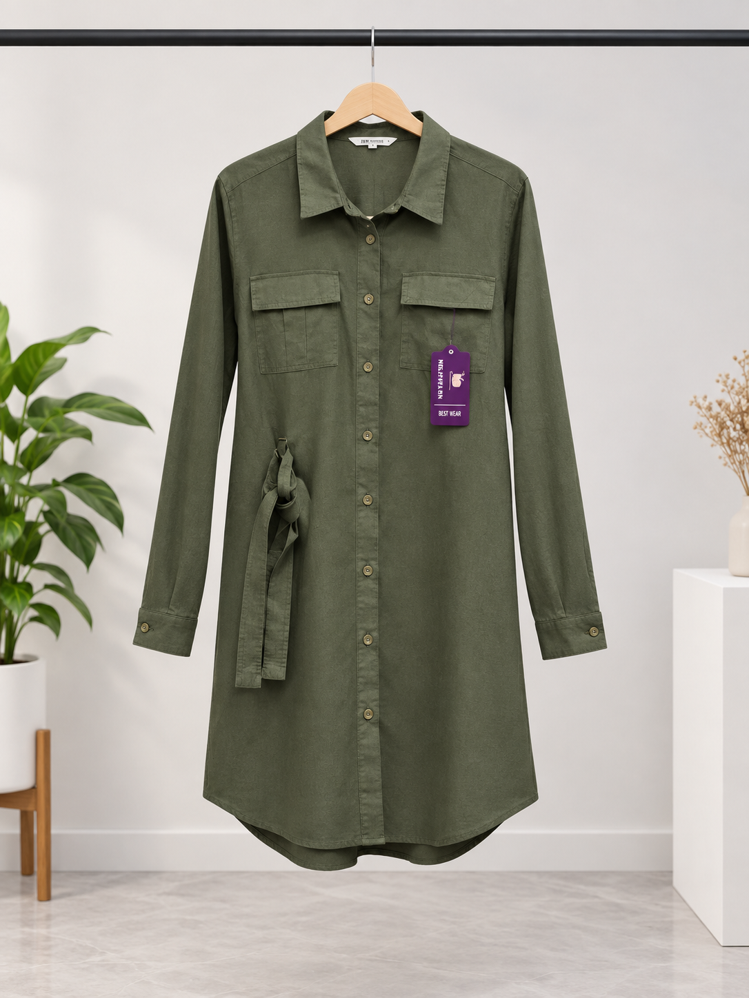 شومیز مانتویی برند h&m جنس 100٪ کتان رنگ سبز زیتونی