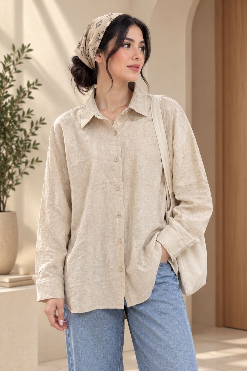 شومیز زنانه کتان اورجینال وارداتی برند H&M رنگ کرم